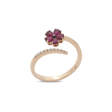 Anello Con Fiore In Oro Rosa Diamanti E Rubini