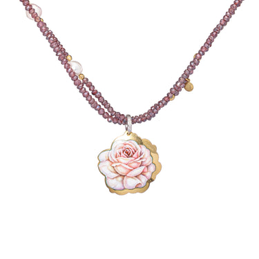 Collana in Rodocrosite oro e perle con Rosa Smaltata