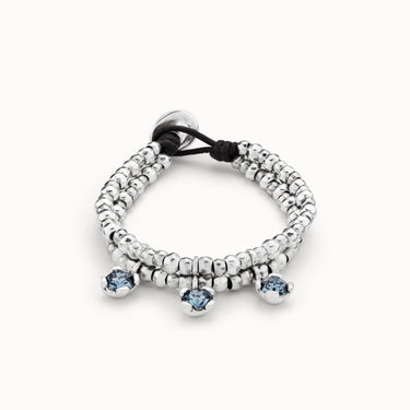 Bracciale placcato argento Sterling con doppia striscia di sfere e 3 cristalli s blu